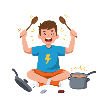 Silly and funny boy with kitchen utensils  Illustration
