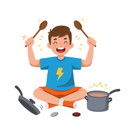 Silly and funny boy with kitchen utensils  Illustration