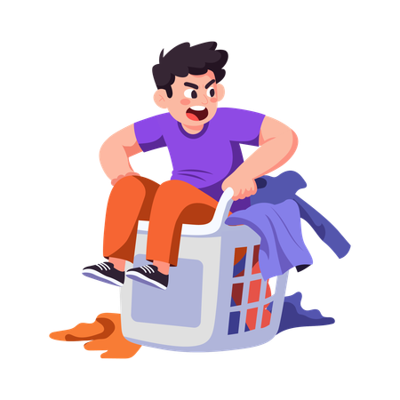Silly boy sitting in cloth basket  Illustration