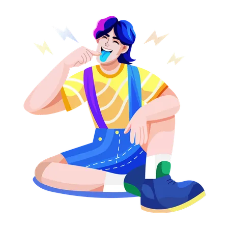 Silly boy sitting on floor while giving funny pose  Illustration