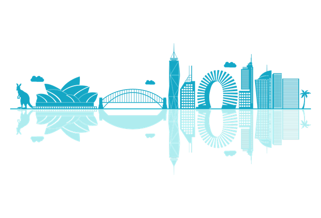Silueta del horizonte de Australia con reflejos  Ilustración