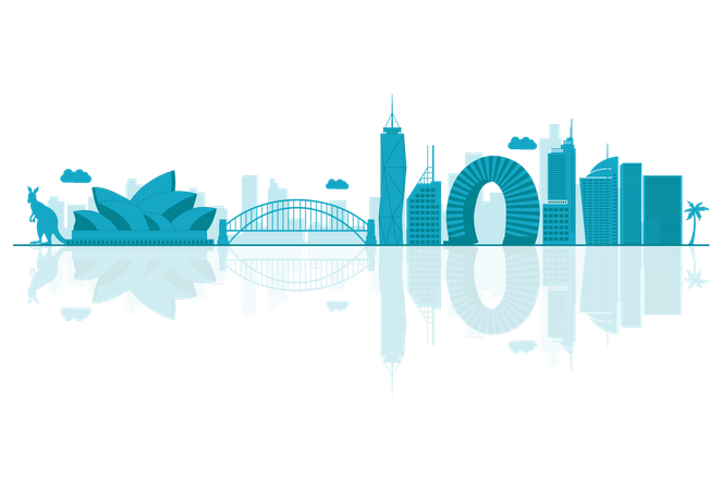 Silueta del horizonte de Australia con reflejos  Ilustración