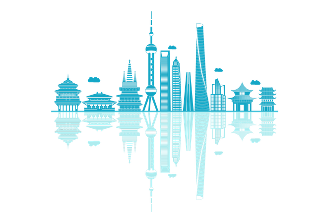 Silueta del horizonte de China con reflejos  Ilustración