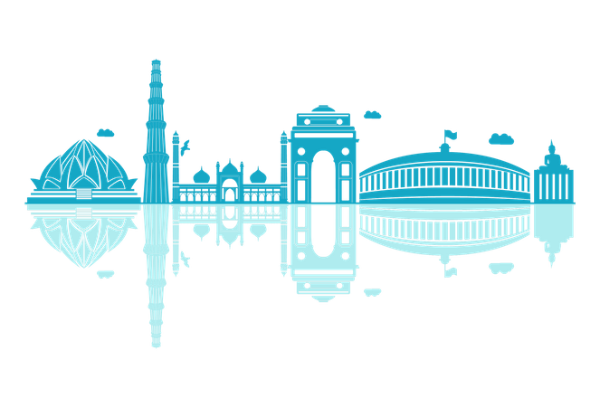 Silueta del horizonte de Delhi con reflejos  Ilustración