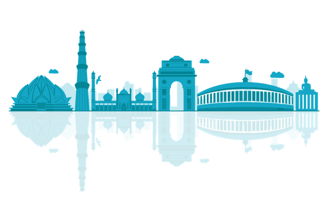 Silueta del horizonte de Delhi con reflejos  Ilustración