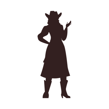 Silueta marrón oscuro de vaquera con sombrero y falda larga.  Ilustración