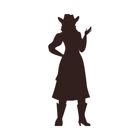 Silueta marrón oscuro de vaquera con sombrero y falda larga.  Ilustración