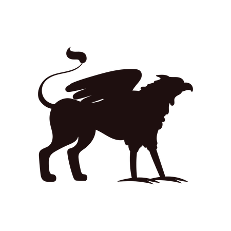 Silueta negra de grifo y criaturas míticas de la época medieval.  Ilustración