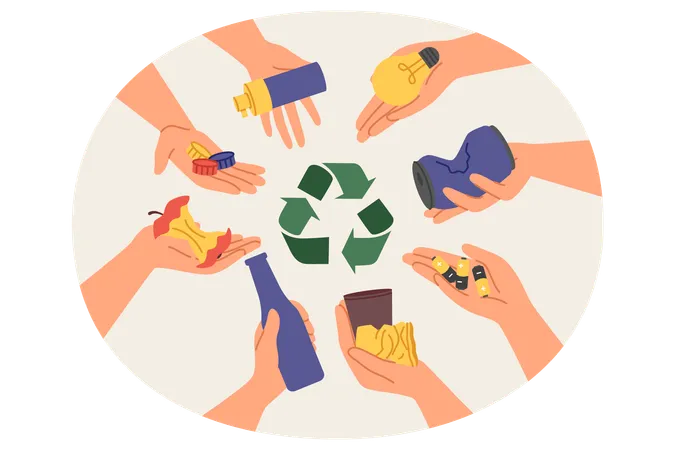 Símbolo de separación y reciclaje de basura entre manos de personas con diversos desechos humanos.  Ilustración