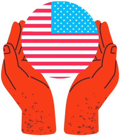 As Maos Seguram A Bandeira Redonda Da America Simbolismo Simbolos Tradicionais Do Pais Distintivo Dos EUA Logotipo Americano Bandeira Como Simbolo Dos Estados Unidos Da America Sinal Nacional Da Ilustracao Vetorial Do Pais Ilustração