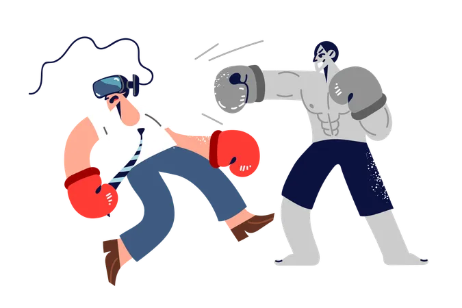 Simulação de luta de boxe usando capacete vr  Ilustração