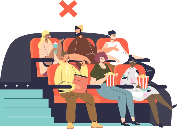 Sin distancia social en el cine con gente sentada muy cerca y sin mascarillas médicas  Ilustración