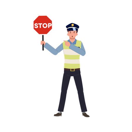Uma polícia de trânsito segurando sinal de stop  Ilustração