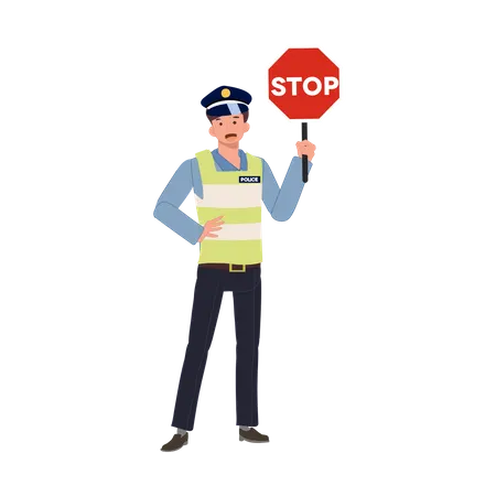 Uma polícia de trânsito segurando sinal de stop  Ilustração