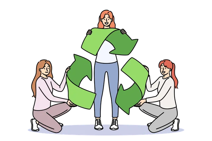 Sinal de reciclagem nas mãos de mulheres ecoativistas que chamam para cuidar do desenvolvimento sustentável  Ilustração