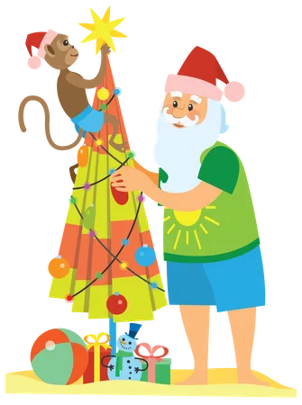 Singe et père Noël fabriquant un arbre de Noël à l'aide d'un parapluie  Illustration