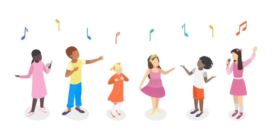 3 D Isometric Flat Vector Set Of Singing Children Music School Students Illustration