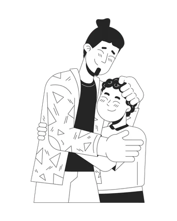 Single Father Young Boy Embracing Black And White 2 D Line Cartoon Characters Caucasian Dad Stroking Child Head Isolated Vector Outline People Comforting Support Monochromatic Flat Spot Illustration Illustration