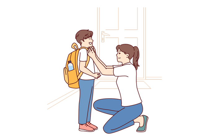 Single mother prepares young son of student in elementary school as trip to lessons  Illustration