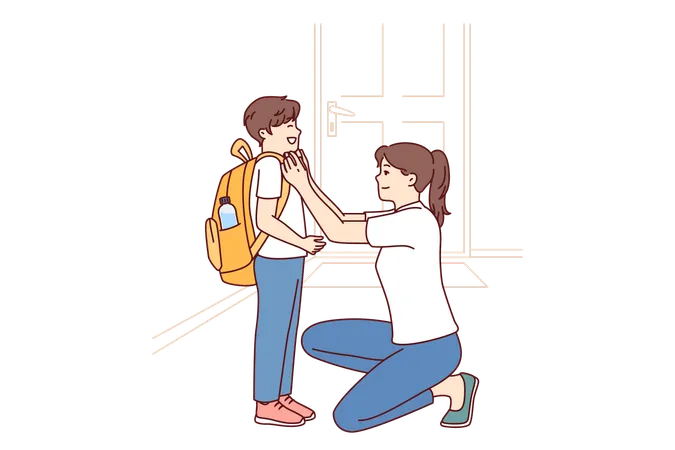 Single mother prepares young son of student in elementary school as trip to lessons  Illustration