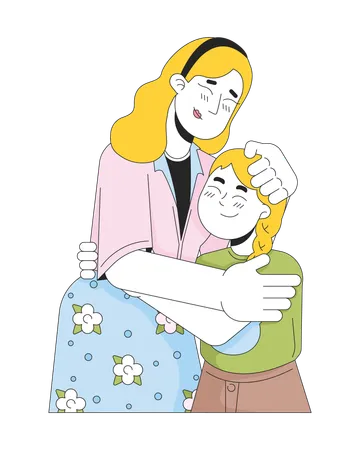 Single Mother Young Girl Embracing 2 D Linear Cartoon Characters Caucasian Mom Little Daughter Hugs Isolated Line Vector People White Background Comforting Caring Color Flat Spot Illustration Illustration