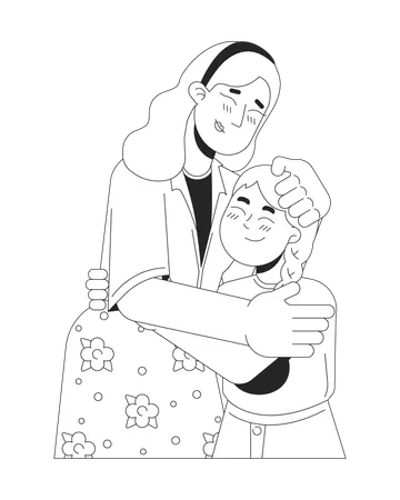 Single Mother Young Girl Embracing Black And White 2 D Line Cartoon Characters Caucasian Mom Little Daughter Hugs Isolated Vector Outline People Comforting Caring Monochromatic Flat Spot Illustration Illustration