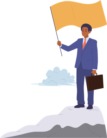 Single successful businessman character with flag and briefcase standing on mount top  Illustration