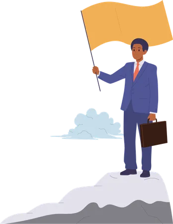 Single successful businessman character with flag and briefcase standing on mount top  Illustration