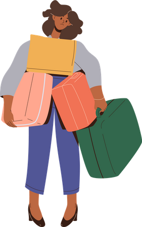 Single woman tourist holding heavy suitcases  Illustration