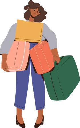 Single woman tourist holding heavy suitcases  Illustration