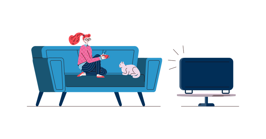 Single young woman with cat resting at home after work day and watching TV Illustration