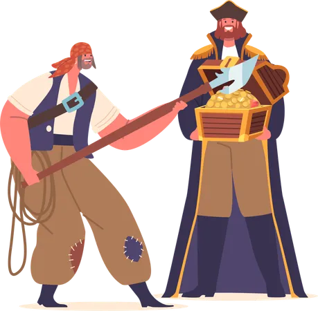Sinister Pirate Character Brandish Harpoon Beside A Weathered Chest in Hands of Captain  Illustration