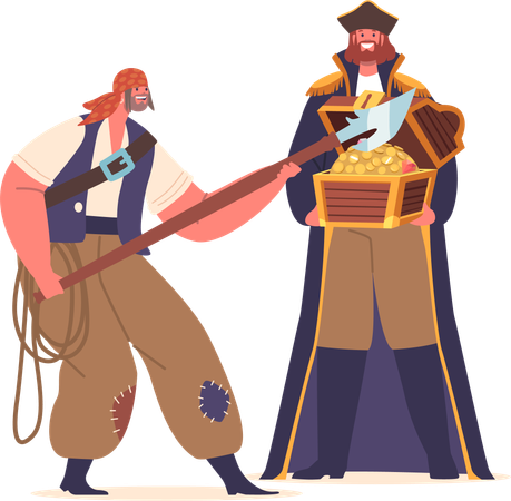 Sinister Pirate Character Brandish Harpoon Beside A Weathered Chest in Hands of Captain  Illustration