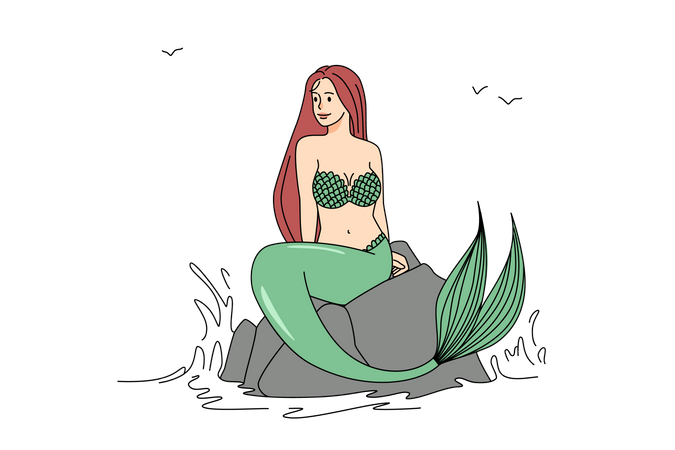 Sirena sentada sobre una roca en el mar  Ilustración