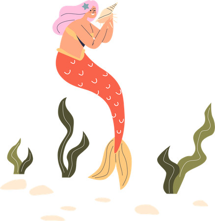 Sirena sosteniendo concha de mar bajo el agua  Ilustración