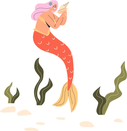 Sirena sosteniendo concha de mar bajo el agua  Ilustración