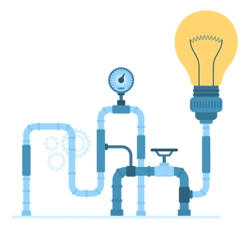 Sistema de tuberías de fábrica con bombilla  Ilustración