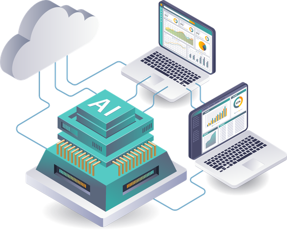 Sistema de análisis de datos de inteligencia artificial en servidores en la nube  Ilustración