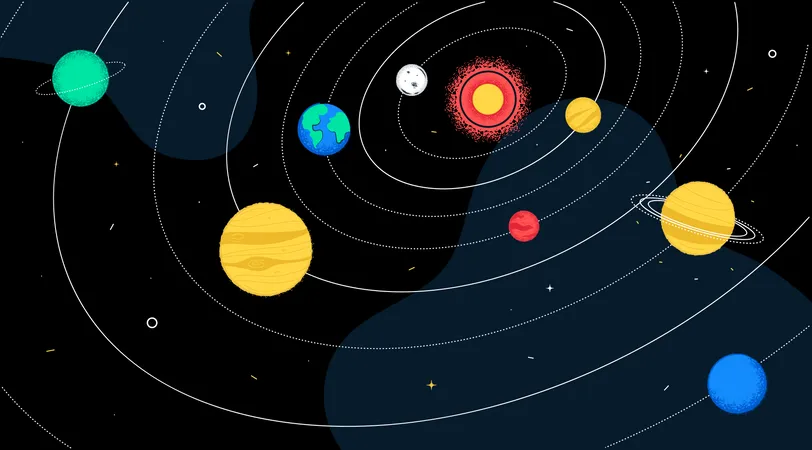 Sistema Solar Ilustracao Colorida De Estilo De Design Plano Em Fundo Preto Galaxia Exploracao Cosmica Espaco E Astronomia Mercurio Venus Jupiter Saturno Urano O Sol A Terra Planetas Marte Ilustração