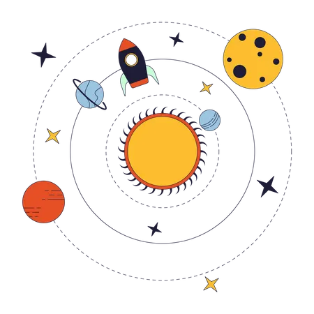 Ilustracao De Ponto Vetorial De Conceito De Linha Plana Do Sistema Solar Ciencia De Foguetes Nave Espacial No Cosmos Objetos De Contorno De Desenhos Animados 2 D Para Design De Interface Do Usuario Da Web Imagem De Heroi De Cor Isolada Editavel Ilustração