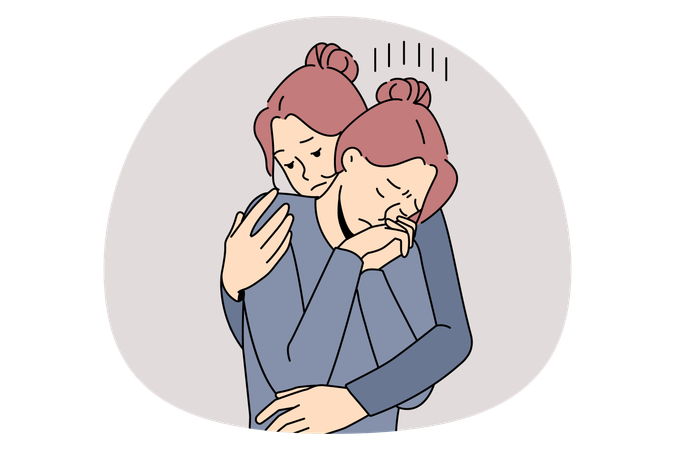 Sister embracing sad depressed tine sad girl having heavy thoughts feeling sad and disappointed  Illustration