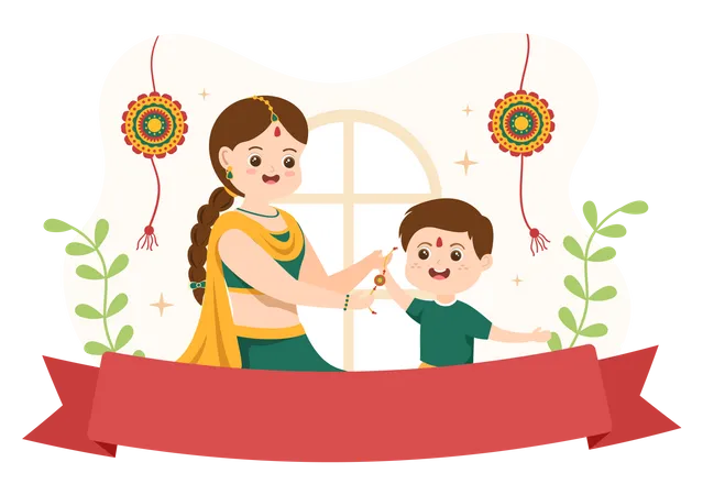 Happy Raksha Bandhan Cartoon Illustration With Sister Tying Rakhi On Her Brothers Wrist To Signify Bond Of Love In Indian Festival Celebration Illustration