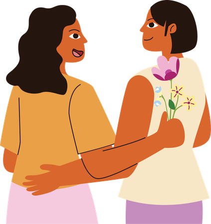 Sisterhood Support, Women Sharing Flowers  Illustration