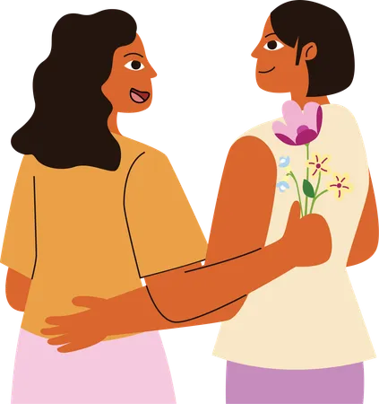 Two Women In A Tender Moment Of Sharing Flowers Depicting The Supportive Sisterhood Celebrated On Womens Day Illustration