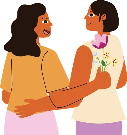 Sisterhood Support, Women Sharing Flowers  Illustration