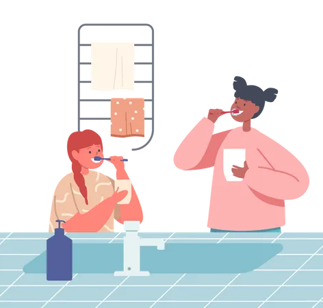 Sisters Brushing Teeth  Illustration