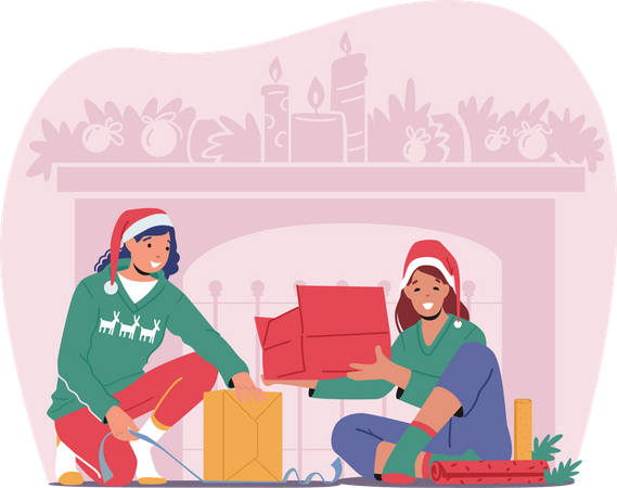 Sisters preparing gifts for christmas Illustration