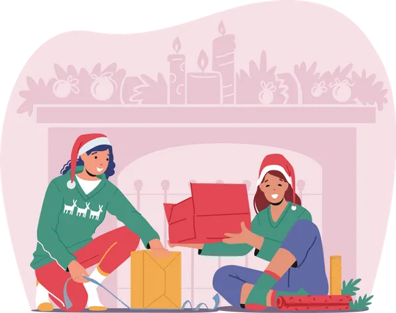 Female Characters Wear Xmas Sweaters And Santa Hats Packing Gifts For Christmas And New Year Holidays Celebration Women Wrapping Boxes With Decorative Paper And Bows Cartoon Vector Illustration Illustration