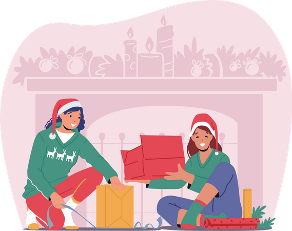 Sisters preparing gifts for christmas  Illustration