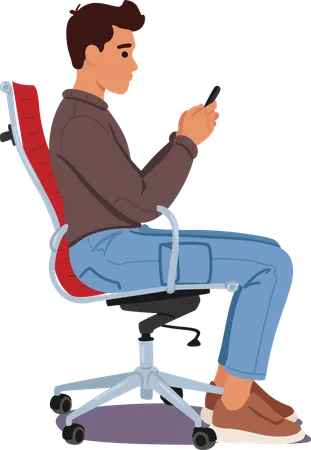 Man Sits Upright On A Chair Maintaining Proper Body Posture Engrossed In His Smartphone His Poised Position Reflects A Balance Of Comfort And Attentiveness Cartoon People Vector Illustration イラスト